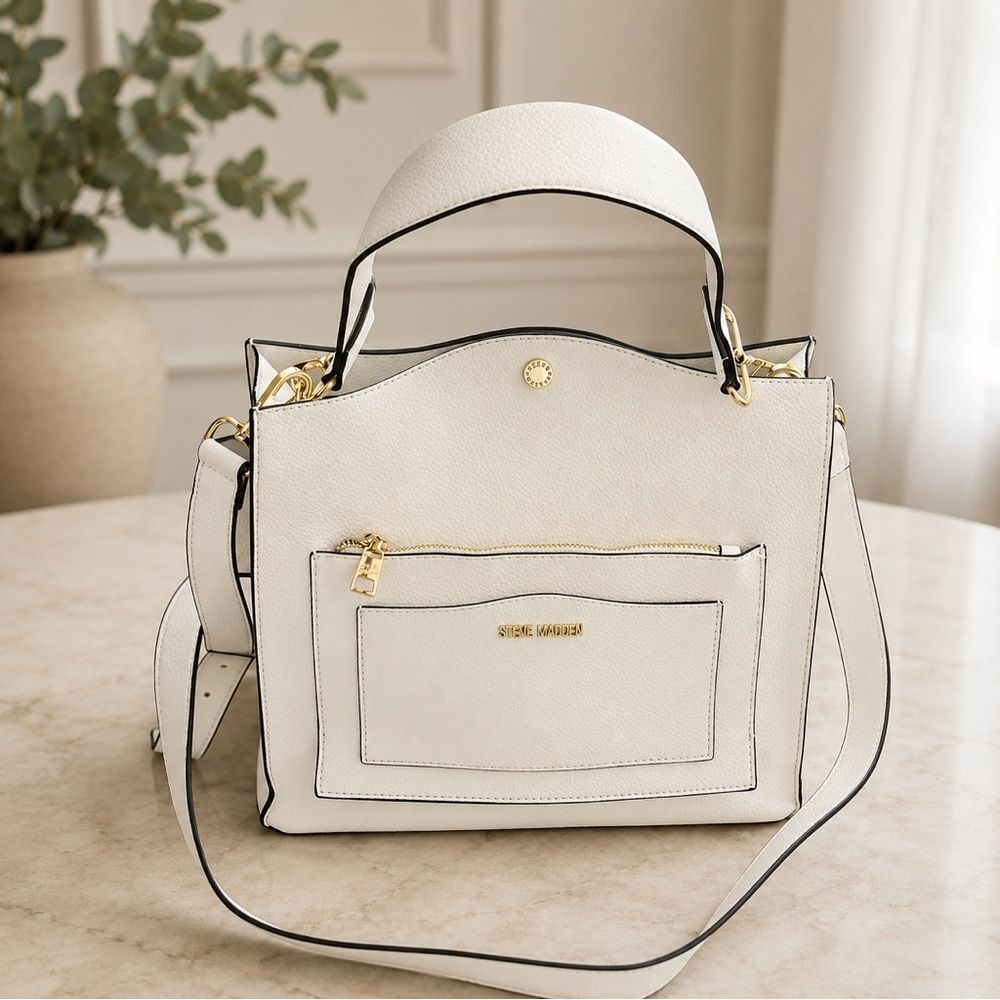 Steve Madden Ivory White Black Piping Tote Purse EUC